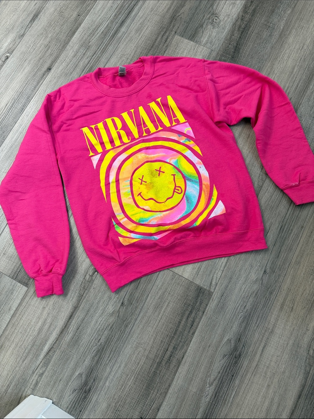 NIRVANA Hot Pink Crewneck with Multicolor Smiley Graphic